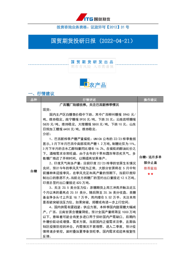 投研日报：农产品