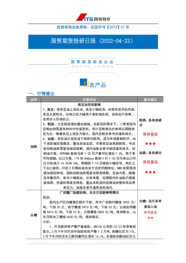 投研日报：农产品