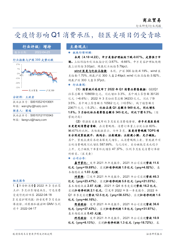 商业贸易行业周报：受疫情影响Q1消费承压，轻医美项目仍受青睐