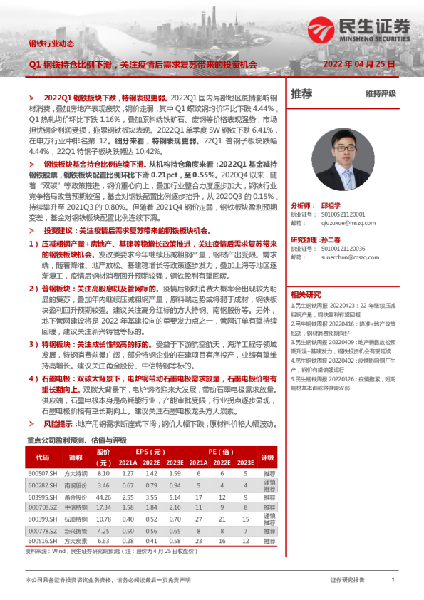 钢铁行业动态：Q1钢铁持仓比例下滑，关注疫情后需求复苏带来的投资机会