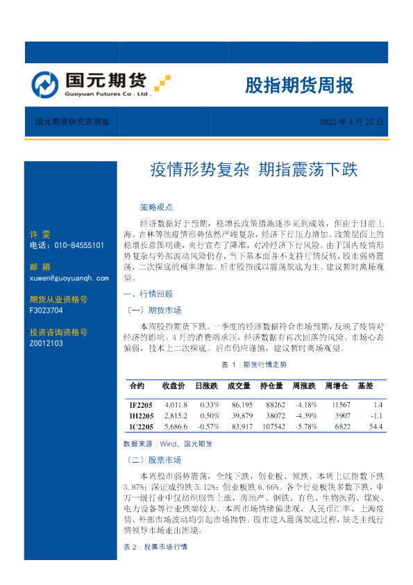 股指期货周报：疫情形势复杂 期指震荡下跌