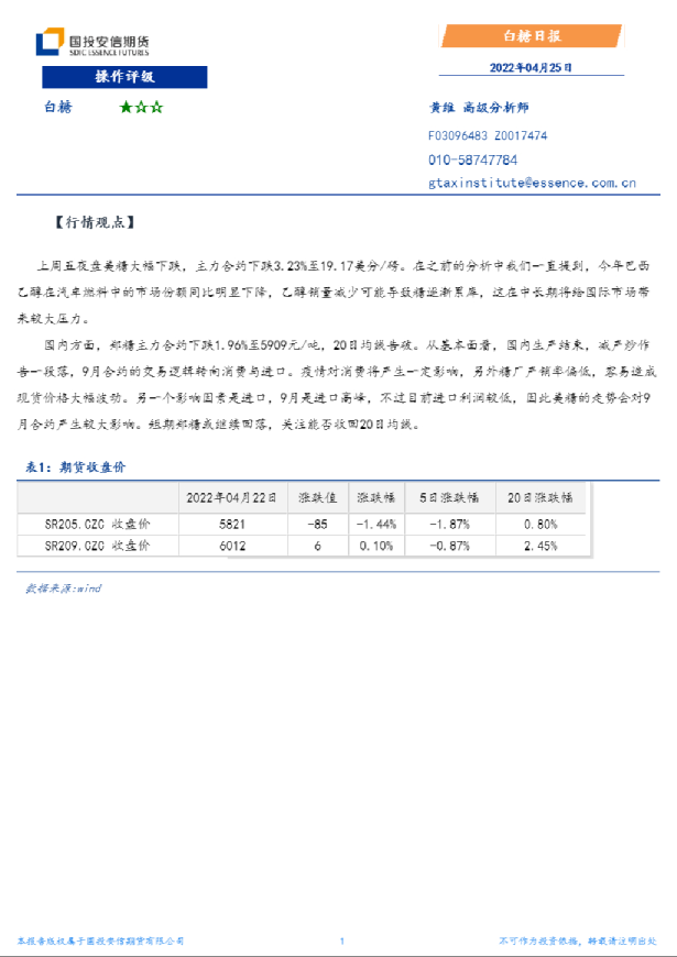 国投安信期货白糖日报