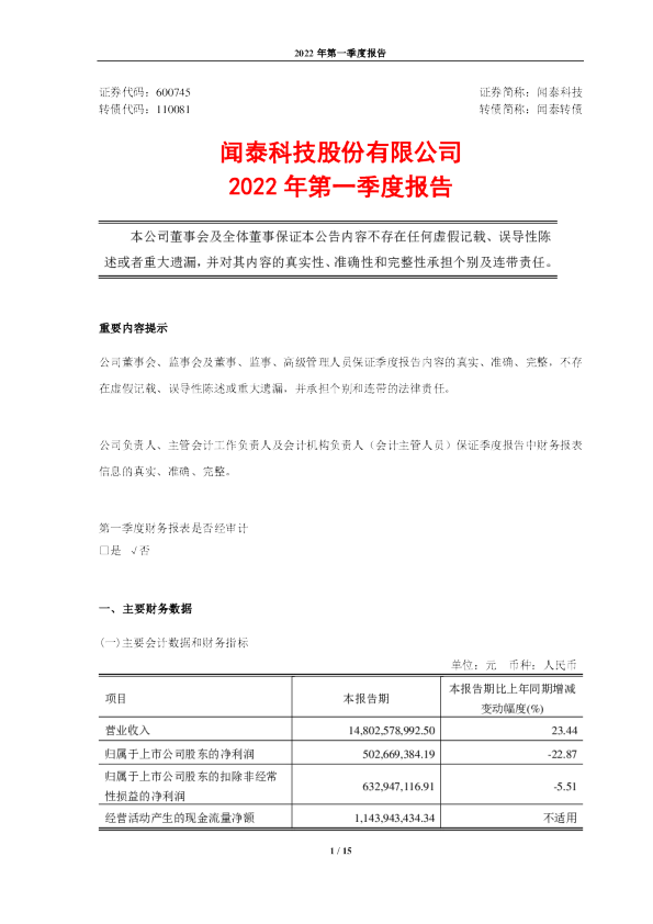 闻泰科技：2022年第一季度报告
