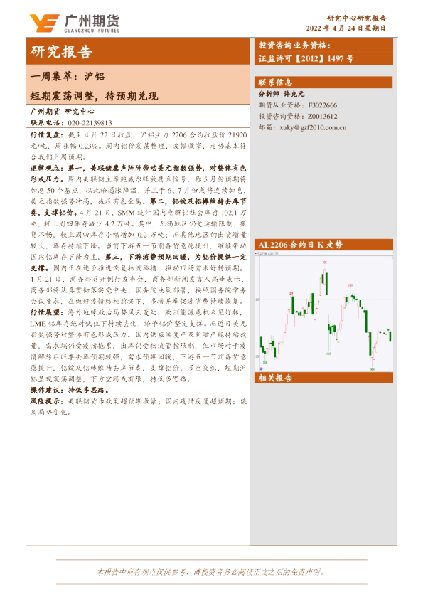 一周集萃：沪铝：短期震荡调整，待预期兑现