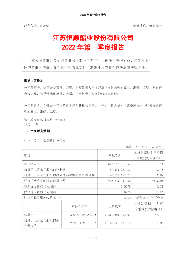 恒顺醋业：江苏恒顺醋业股份有限公司2022年第一季度报告