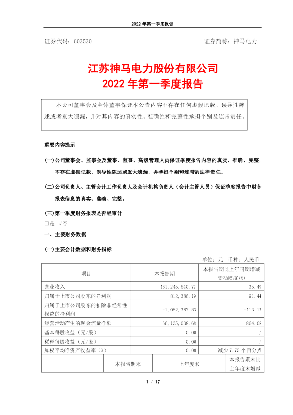 神马电力：2022年一季度报告