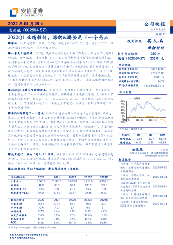 2022Q1业绩较好，海豹、腾势是下一个亮点