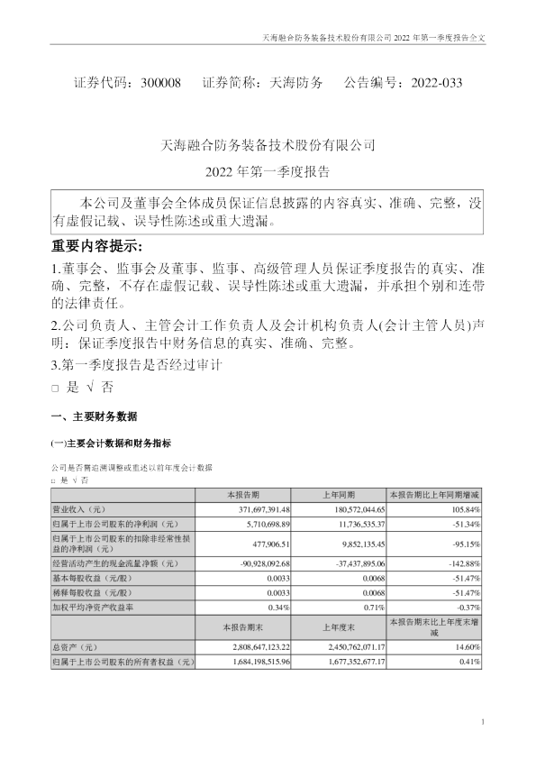 天海防务：2022年一季度报告（更新前）