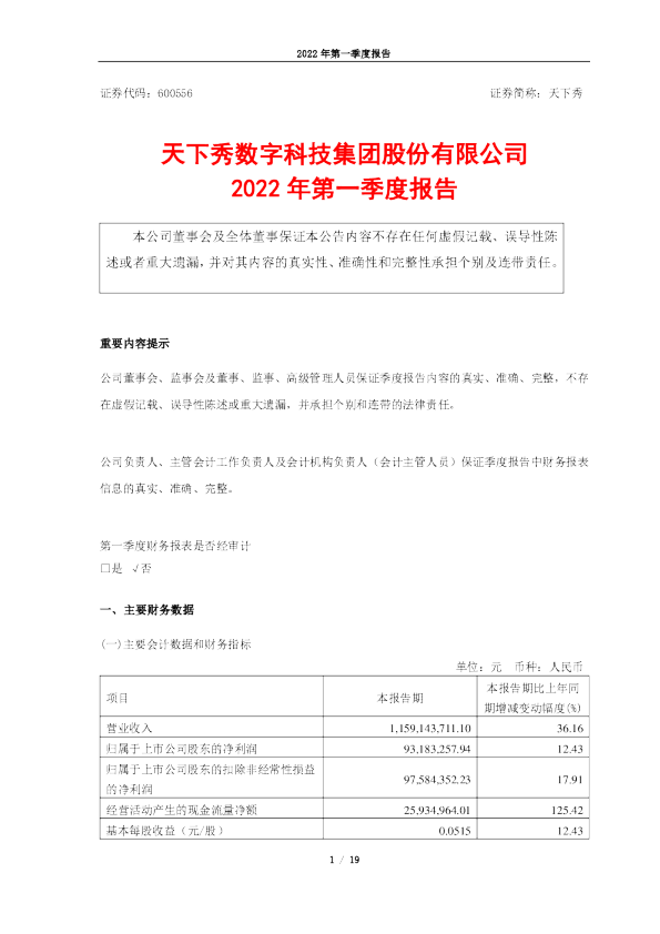 天下秀：天下秀数字科技集团股份有限公司2022年第一季度报告