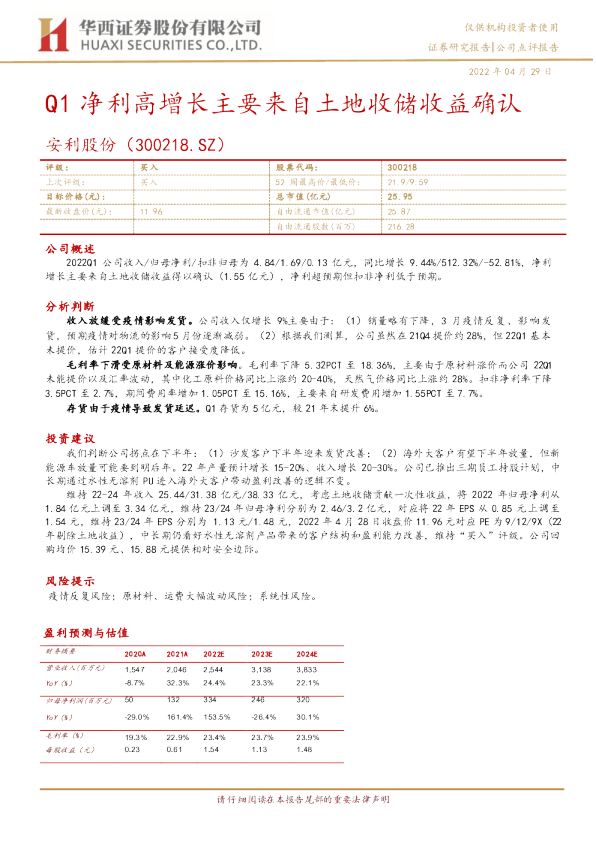 Q1净利高增长主要来自土地收储收益确认