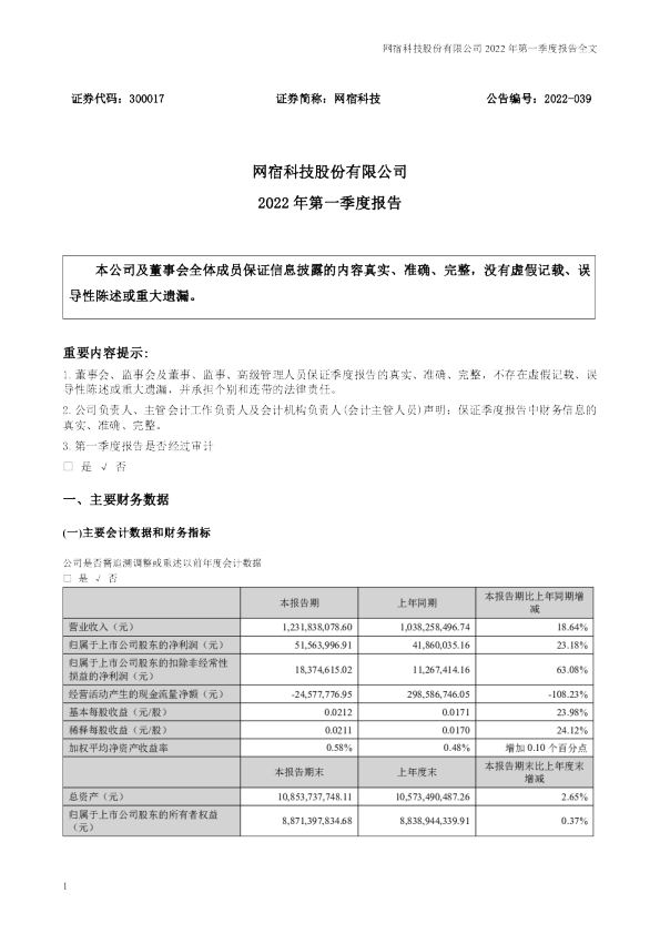 网宿科技：2022年一季度报告