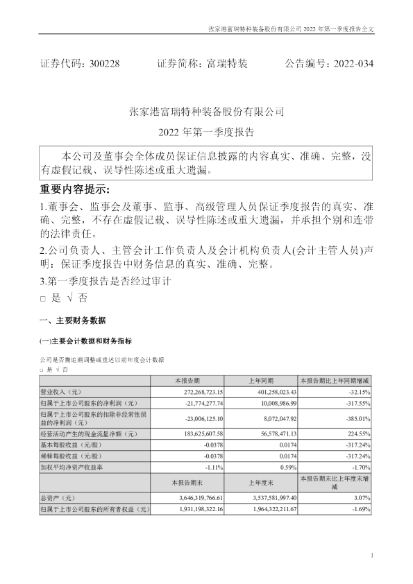 富瑞特装：2022年一季度报告
