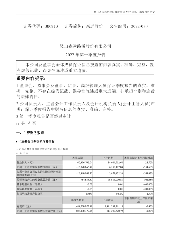 森远股份：2022年一季度报告