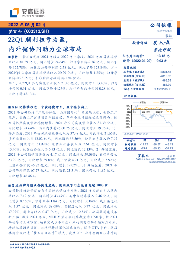 22Q1顺利扭亏为盈，内外销协同助力全球布局