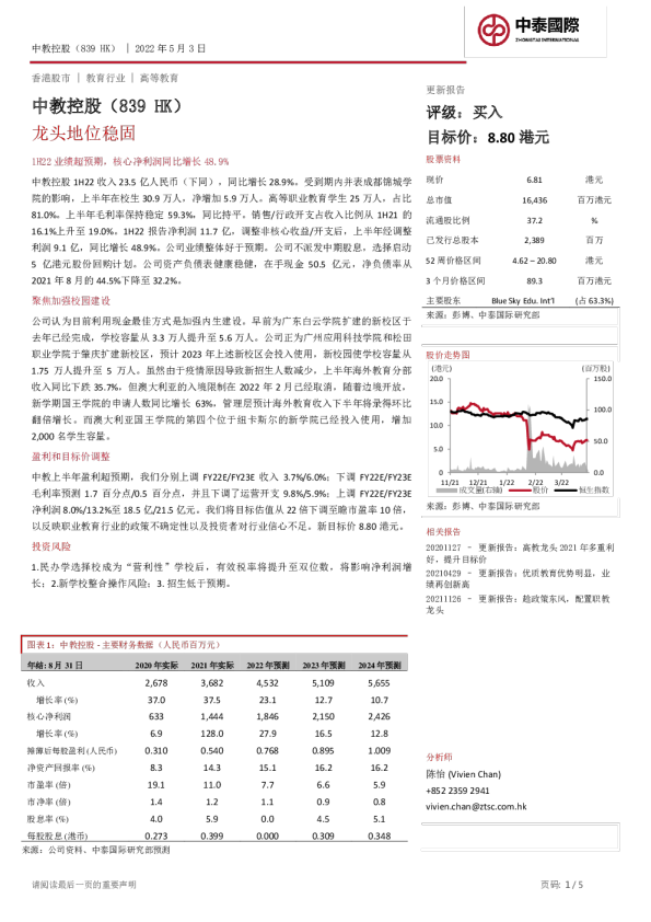 中教控股：龙头地位稳固