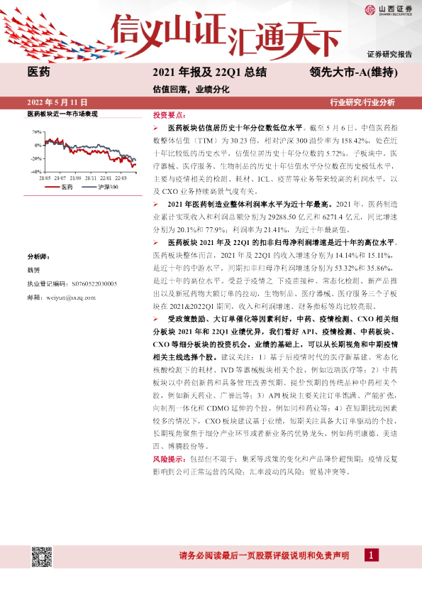医药2021年报及22Q1总结：估值回落，业绩分化
