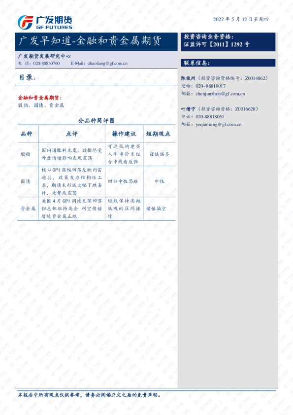 广发期货早知道：金融和贵金属期货