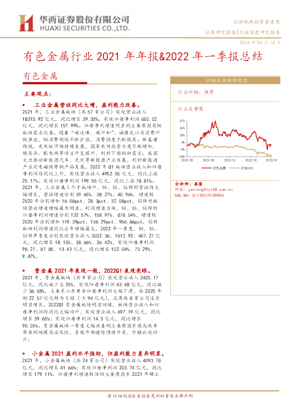 有色金属行业2021年年报&2022年一季报总结