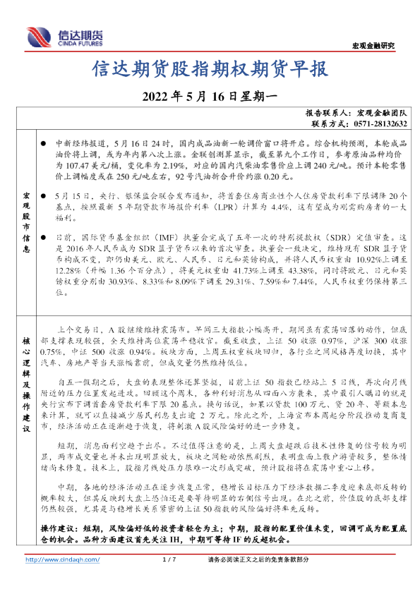 股指期权期货早报