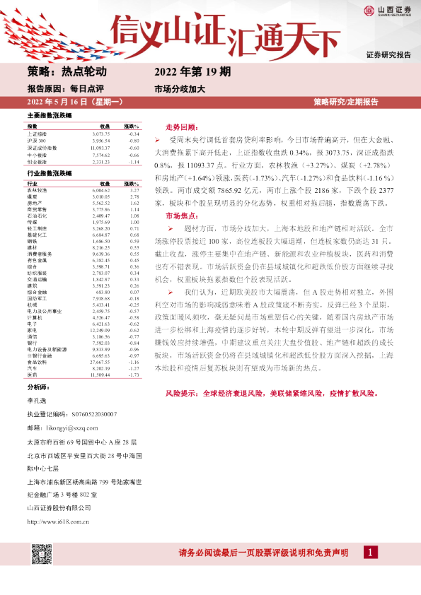 每日点评2022年第19期：市场分歧加大