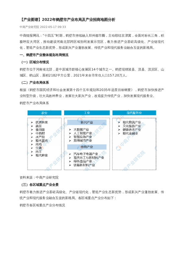 【产业图谱】2022年鹤壁市产业布局及产业招商地图分析
