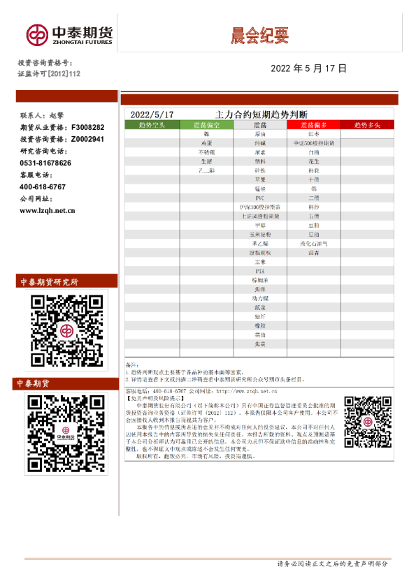 中泰期货晨会纪要