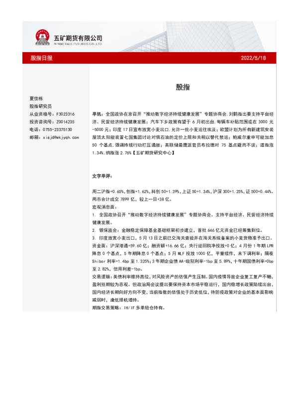 五矿期货股指日报