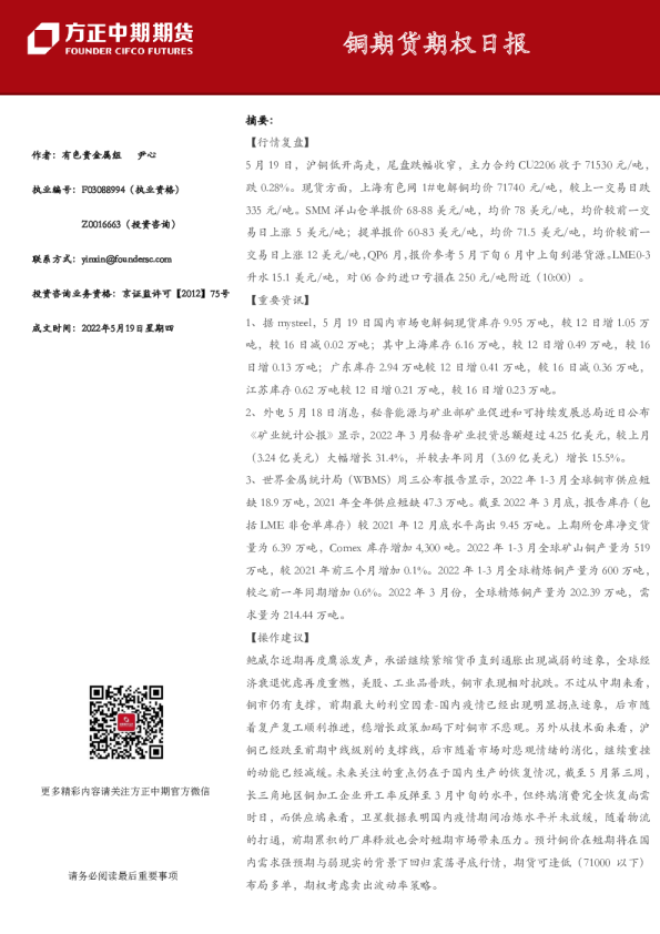 方正中期期货铜期货期权日报