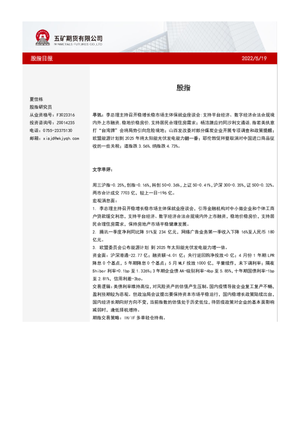 五矿期货股指日报