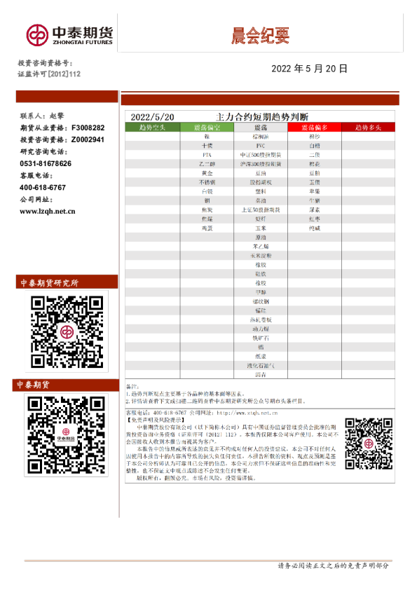 中泰期货晨会纪要