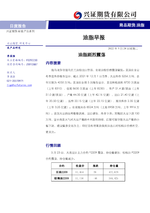 兴证期货油脂早报