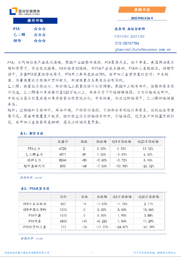 国投安信期货聚酯日报