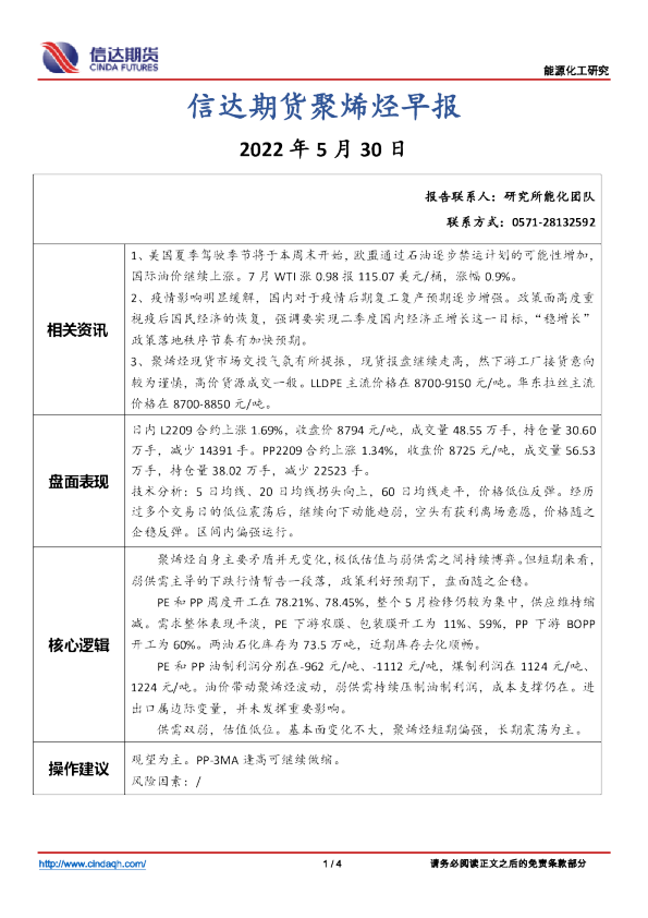 信达期货聚烯烃早报