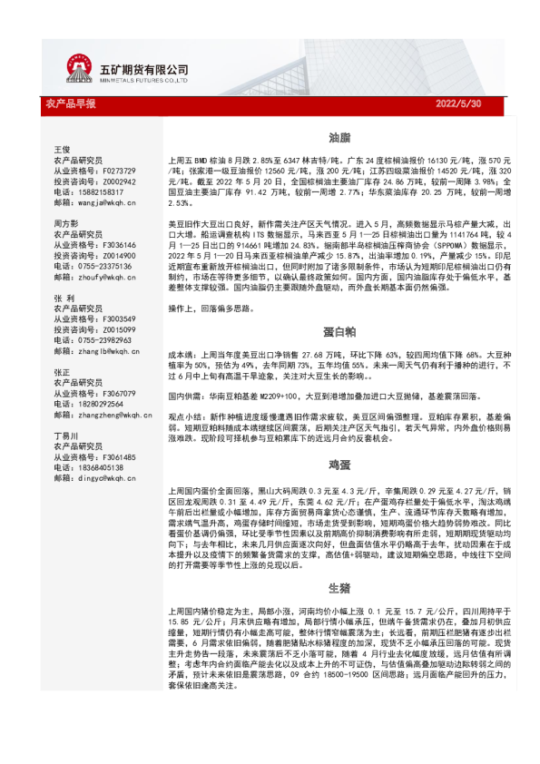 五矿期货农产品早报