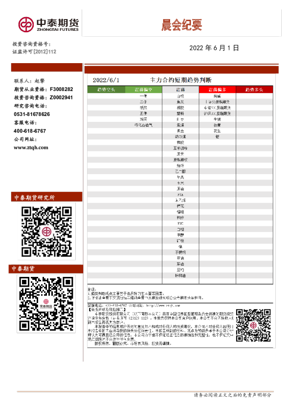 中泰期货晨会纪要
