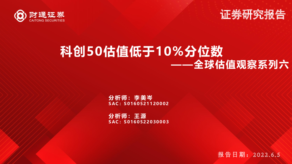 全球估值观察系列六：科创50估值低于10%分位数