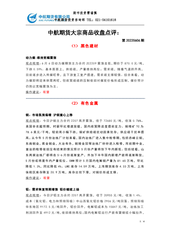 大宗商品收盘点评：第20220606期