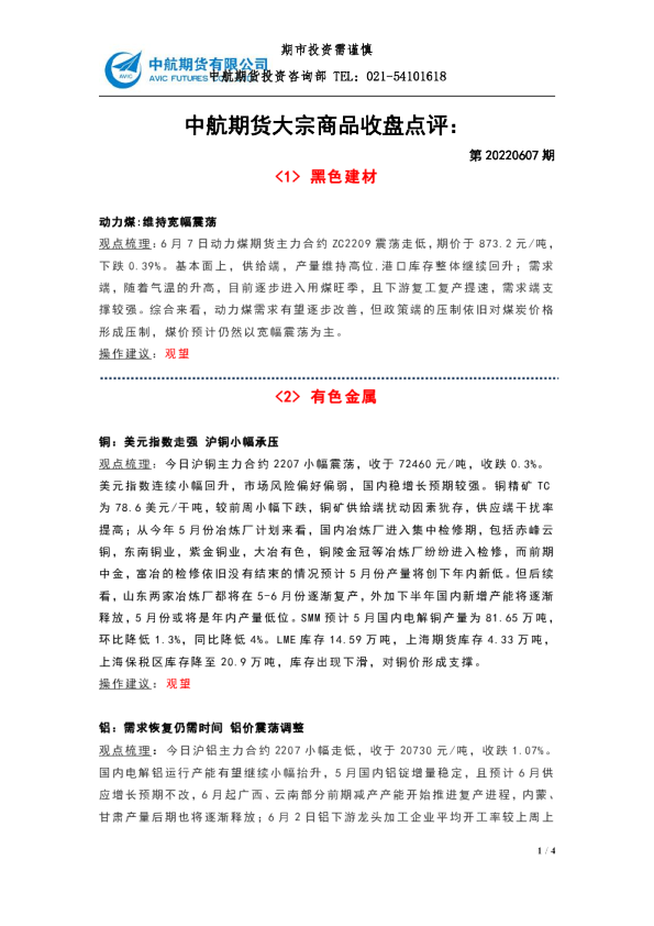 大宗商品收盘点评：第20220607期