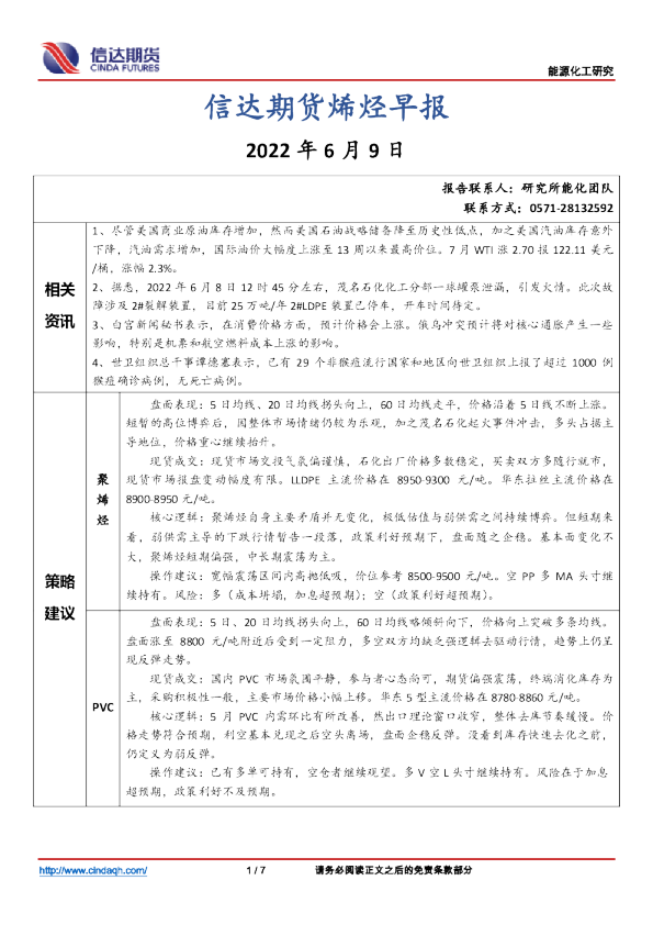 烯烃早报