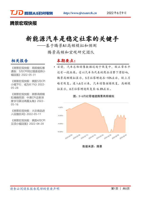宏观快报：基于腾景AI高频模拟和预测：新能源汽车是稳定社零的关键手