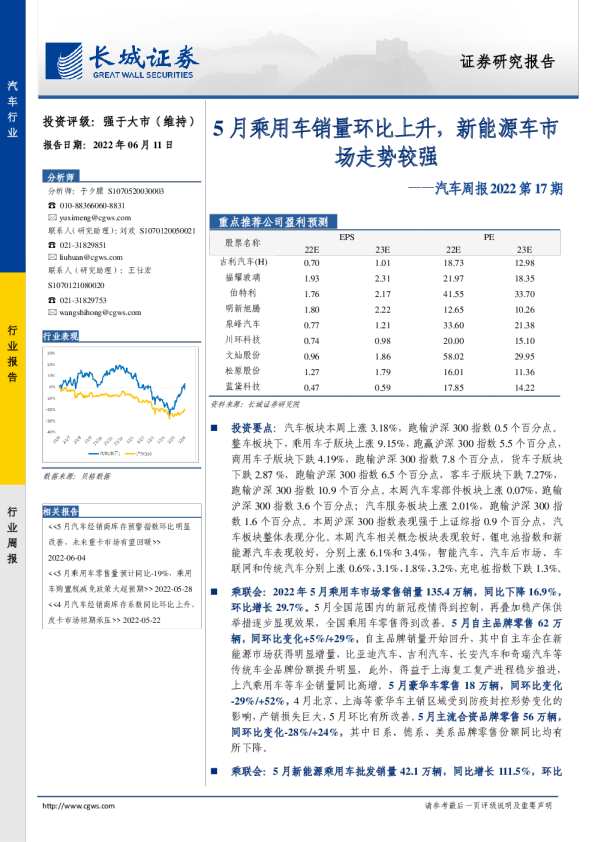 汽车周报2022第17期：5月乘用车销量环比上升，新能源车市场走势较强
