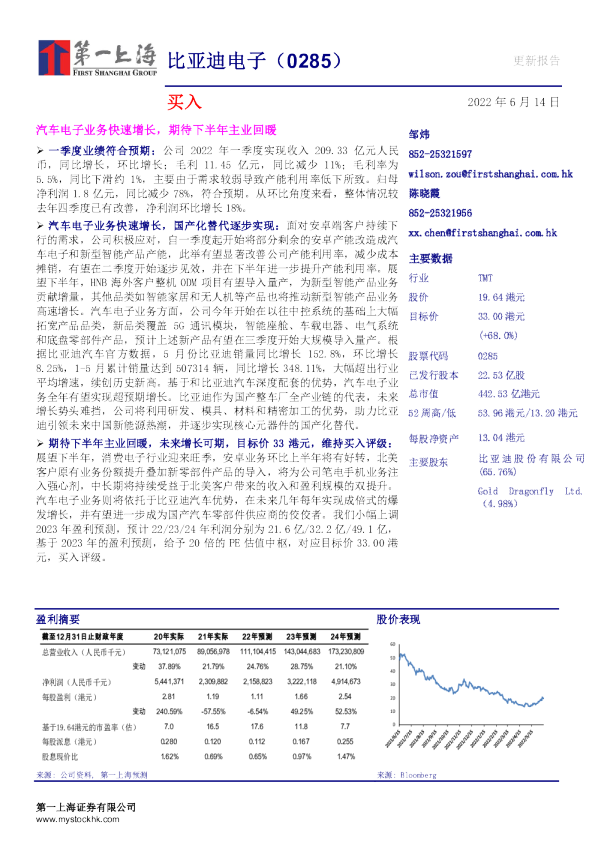 汽车电子业务快速增长，期待下半年主业回暖