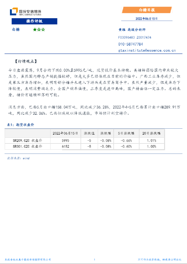 国投安信期货白糖日报