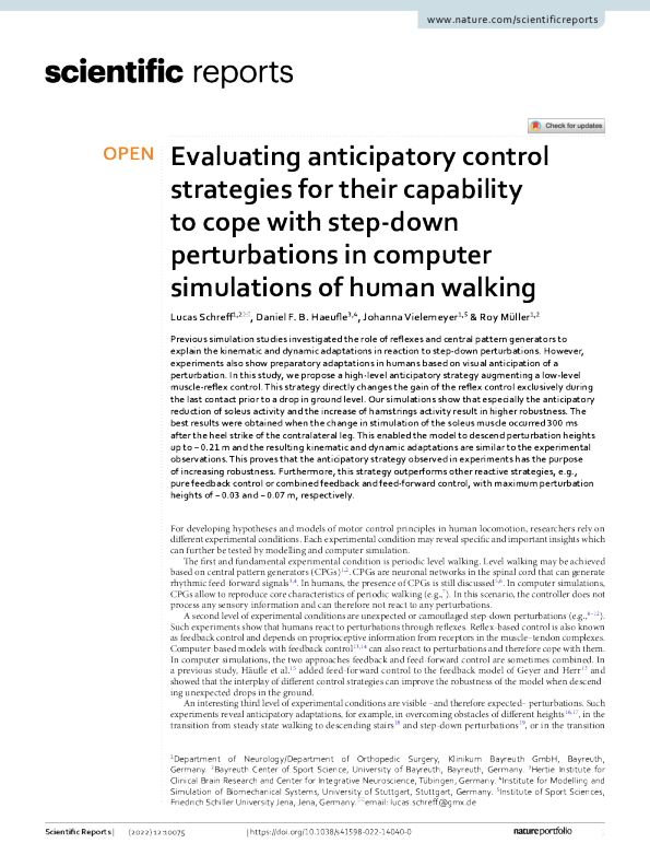 评估预期控制策略以应对人类步行计算机模拟中的逐步下降扰动的能力