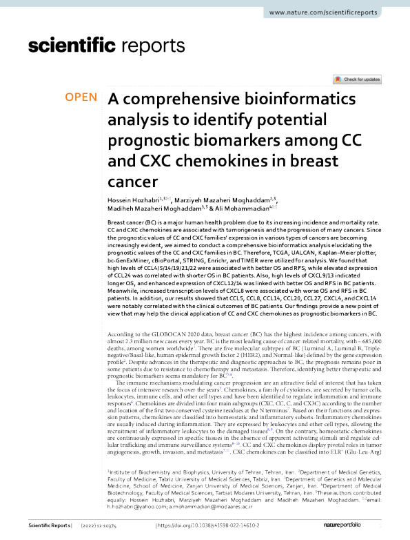 一项全面的生物信息学分析，用于识别乳腺癌 CC 和 CXC 趋化因子中潜在的预后生物标志物