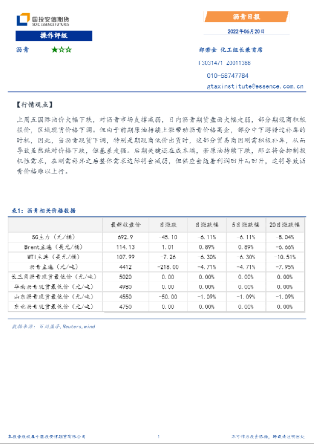 国投安信期货沥青日报