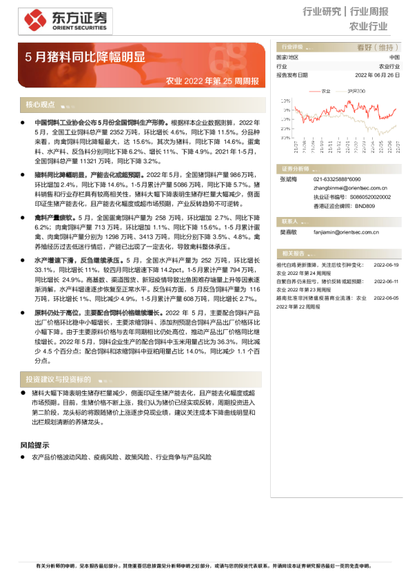 5月猪料同比降幅明显