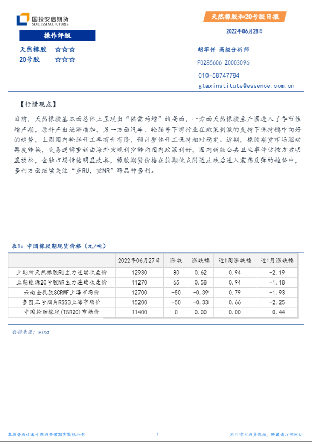 国投安信期货天然橡胶和20号胶日报