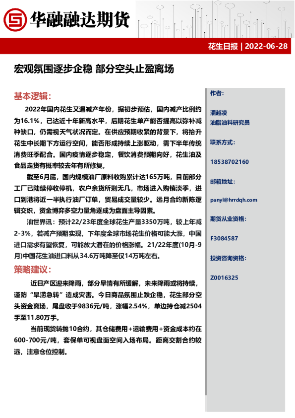 花生日报：宏观氛围逐步企稳，部分空头止盈离场