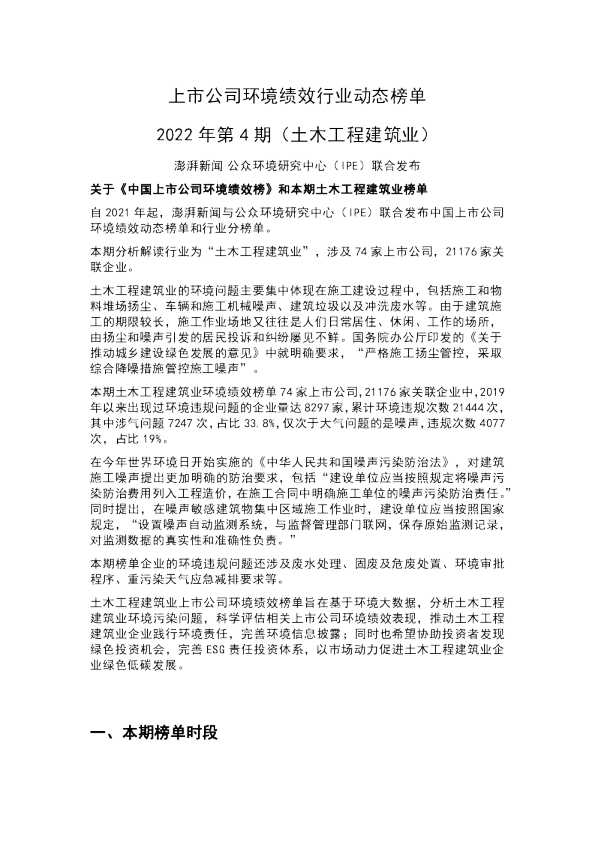 中国上市公司环境绩效行业动态榜单 2022 年第4期（土木工程建筑业）